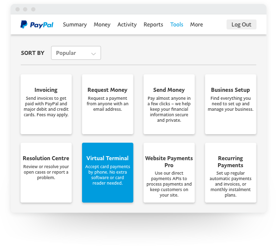 Paypal dashboard showing Virtual Terminal Paypal dashboard showing Virtual Terminal option