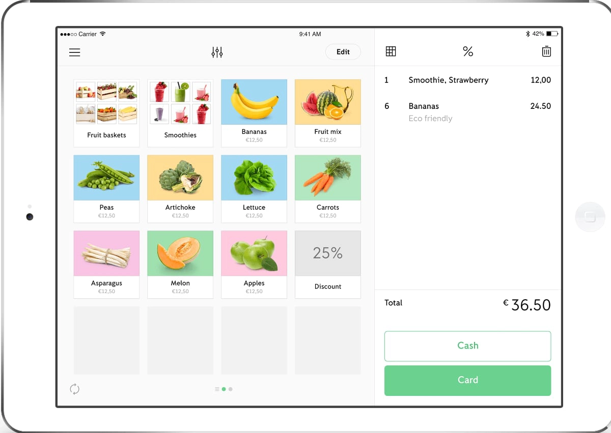 iZettle Go app menu on iPad