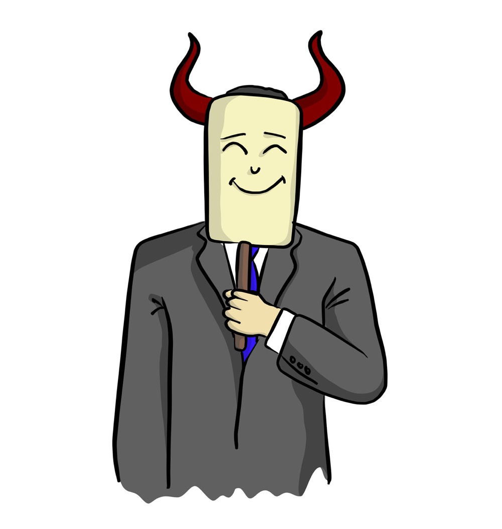 Suited man holding up a smiling mask suited man holding up a smiling mask with horns