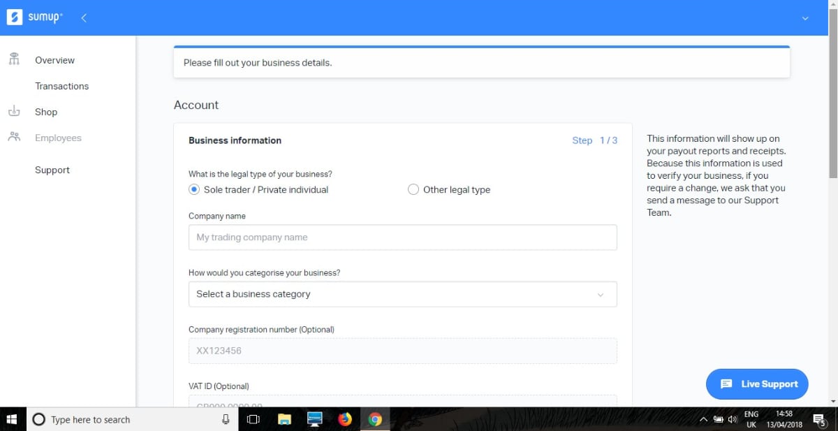 SumUp online sign-up form SumUp online sign-up form