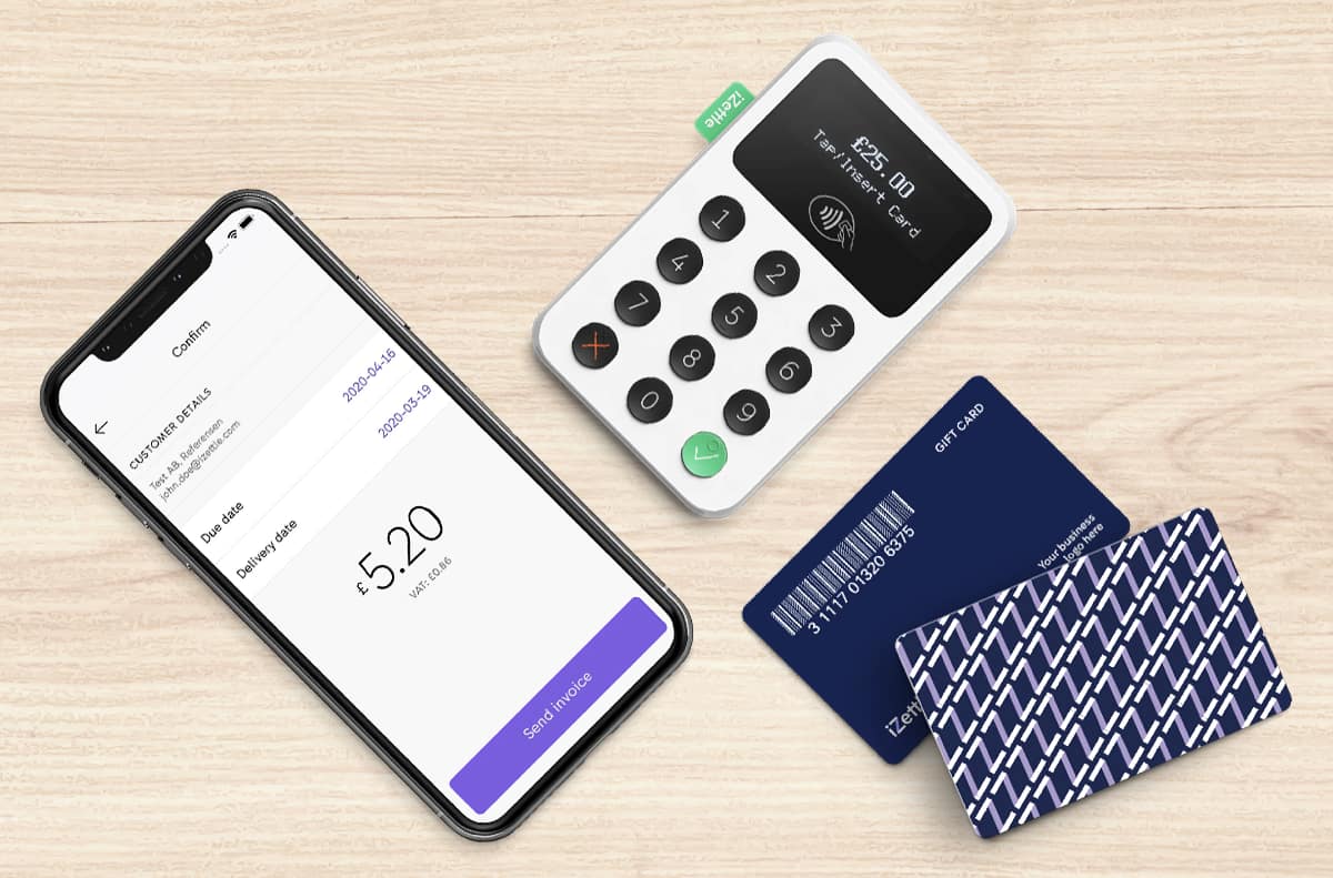 iZettle Reader with phone and gift cards iZettle guft cards invoice app