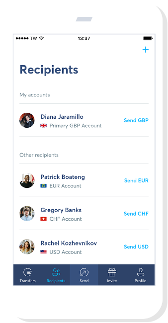 TransferWise app – recipient list