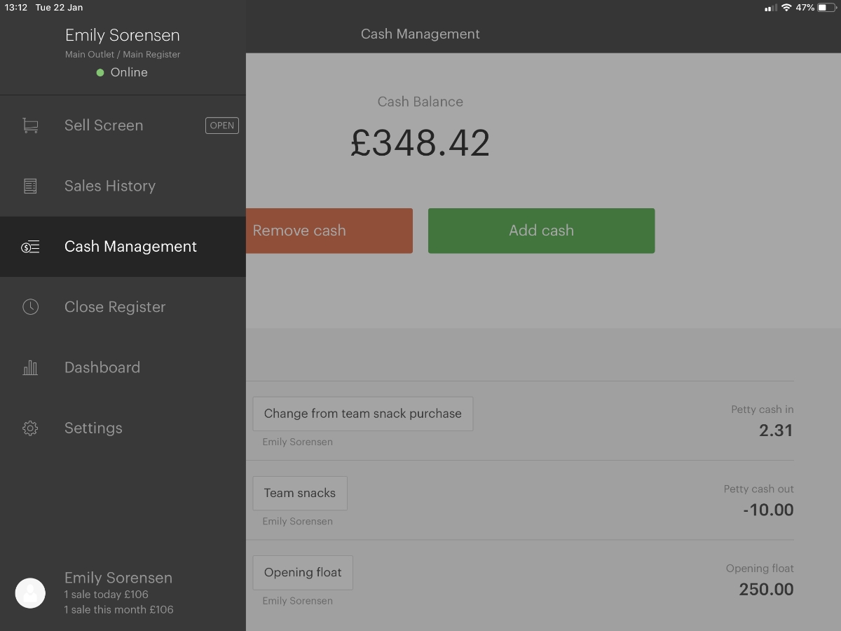Vend POS app – main side menu Vend POS app main side menu