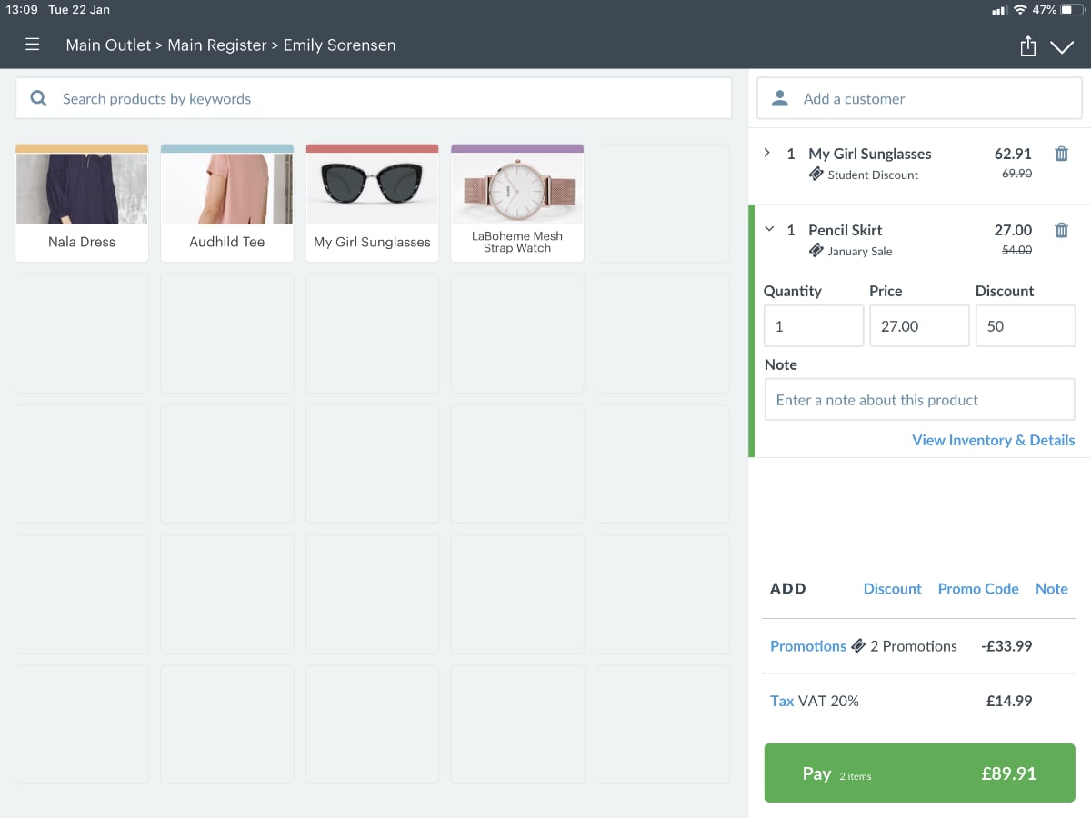 Vend checkout interface on iPad Vend POS checkout
