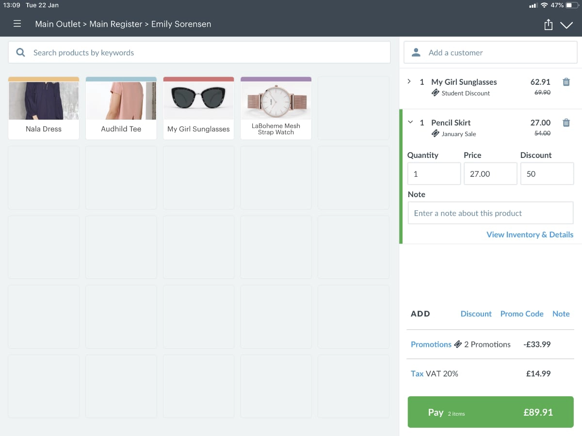 Vend checkout interface on iPad Vend POS checkout