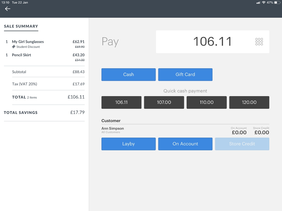 Vend payment interface on iPad Vend POS payment interface