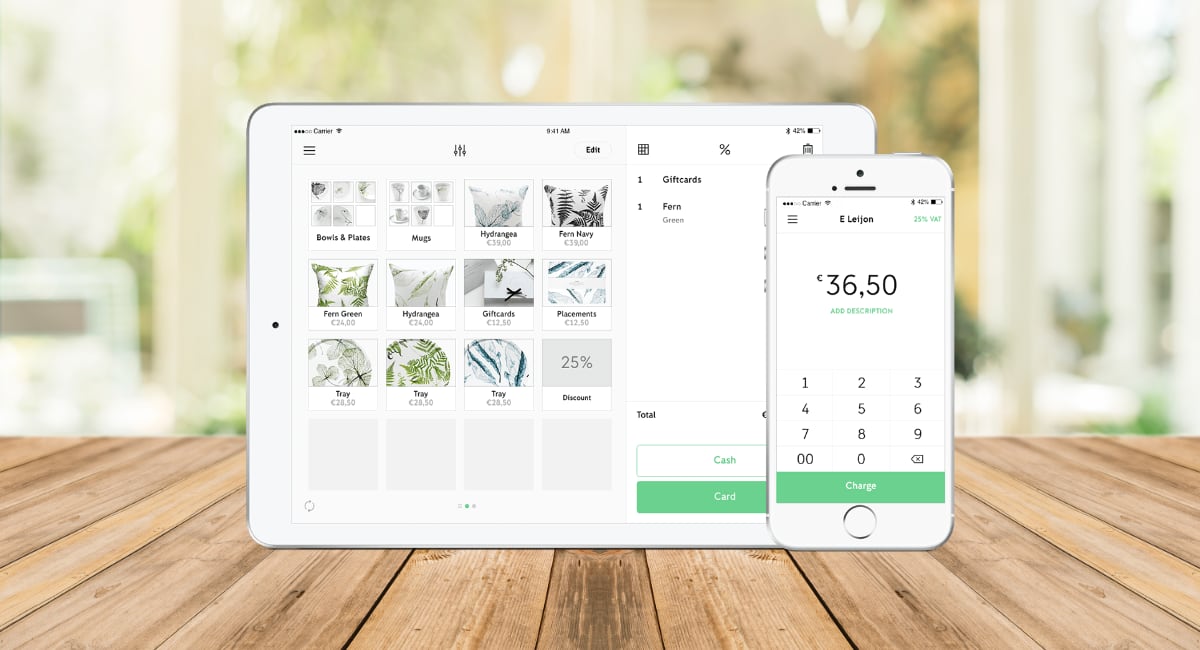 iZettle Go app on Apple devices standing on a table