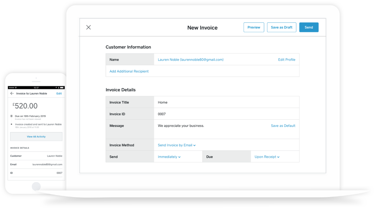 Square Invoices app and browser screens Square Invoices app and browser screens