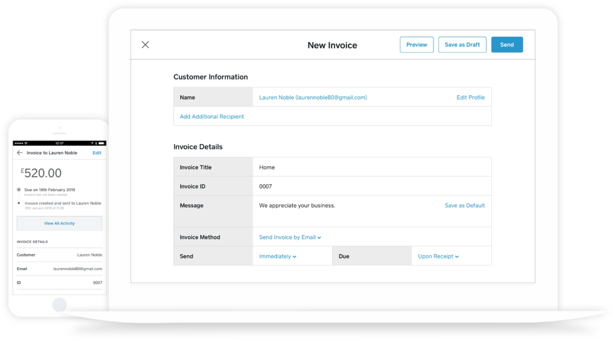 Square Invoices app and browser screens Square Invoices app and browser screens