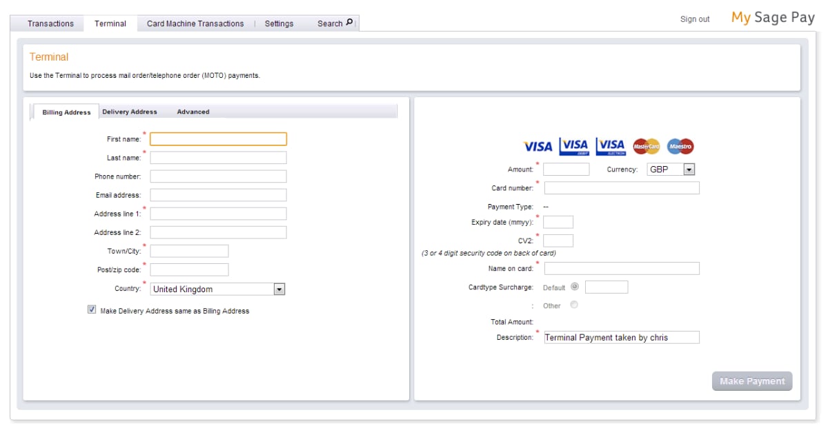 Sage Pay virtual terminal web page Sage Pay virtual terminal web page