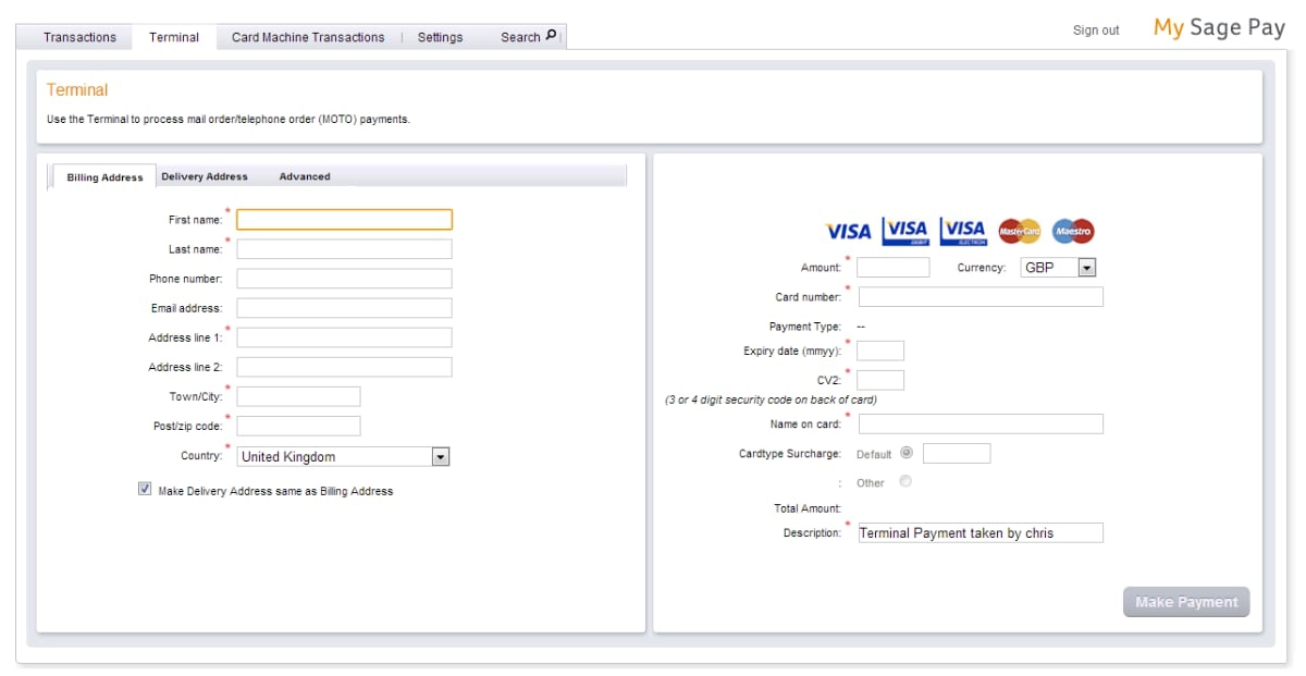 Sage Pay virtual terminal web page