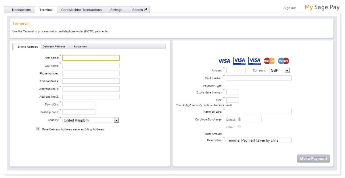 Sage Pay virtual terminal web page Sage Pay virtual terminal web page