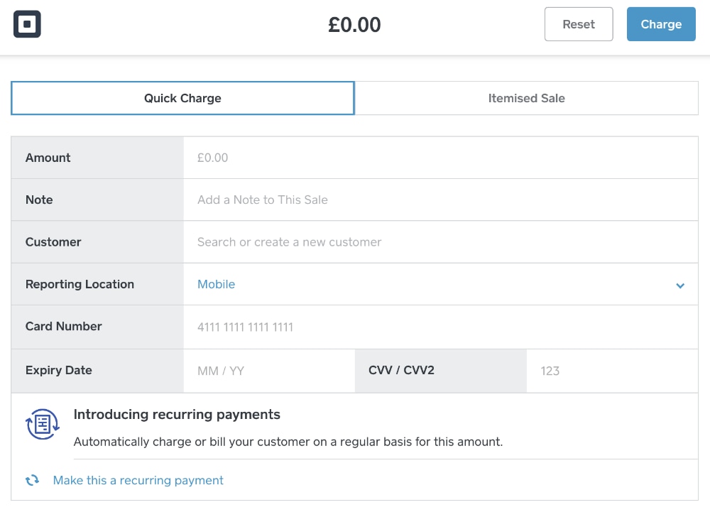Square Virtual Terminal quick charge page Square Virtual Terminal quick charge page