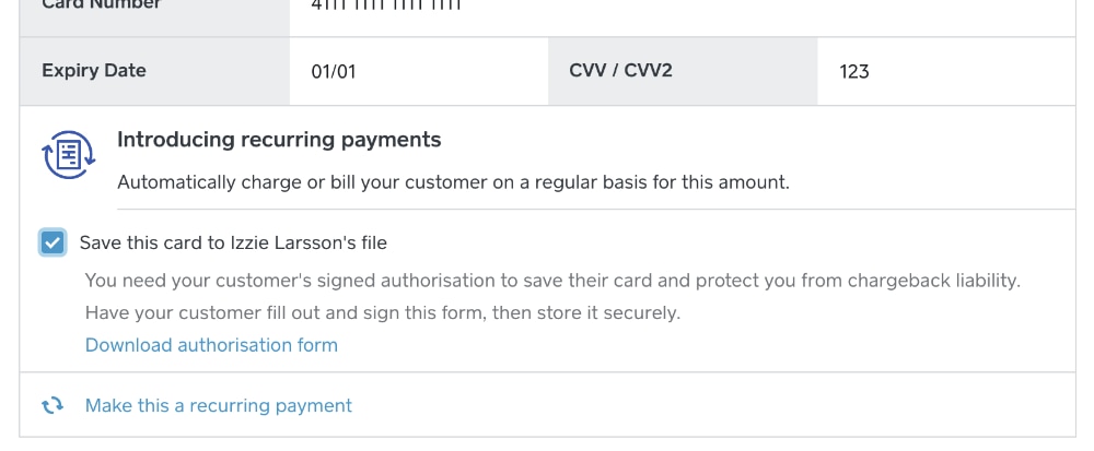 Square Virtual Terminal save card