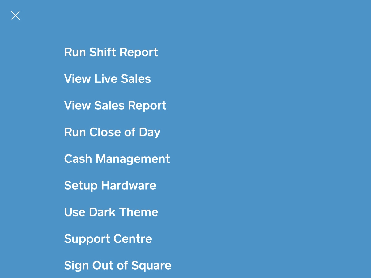 Square for Restaurants account menu on iPad Square for Restaurants account menu