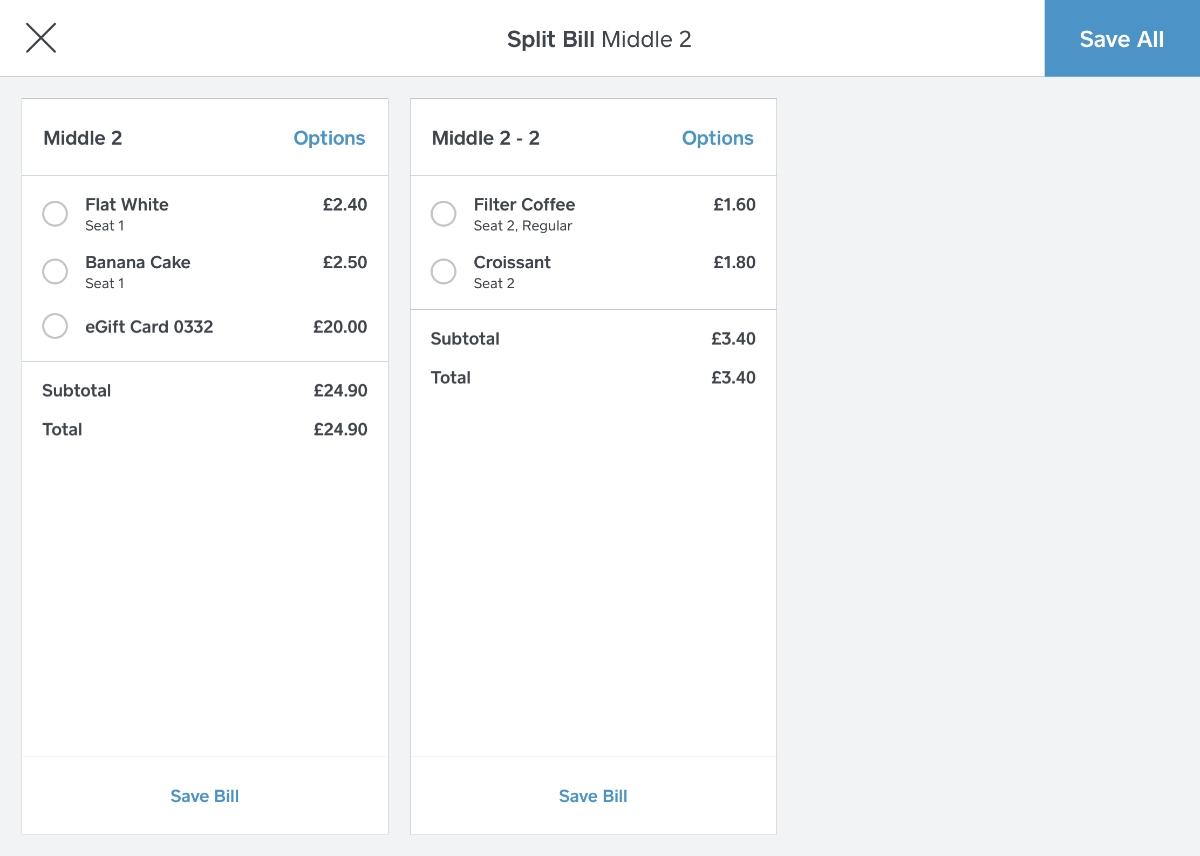 Square for Restaurants – split bill assigned to a table