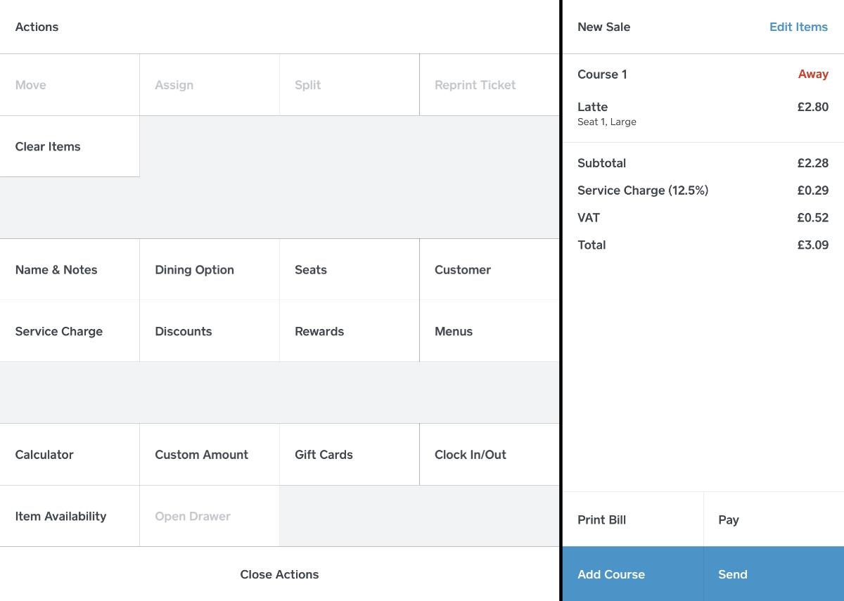 Square Restaurants – actions menu Square Restaurants - actions menu