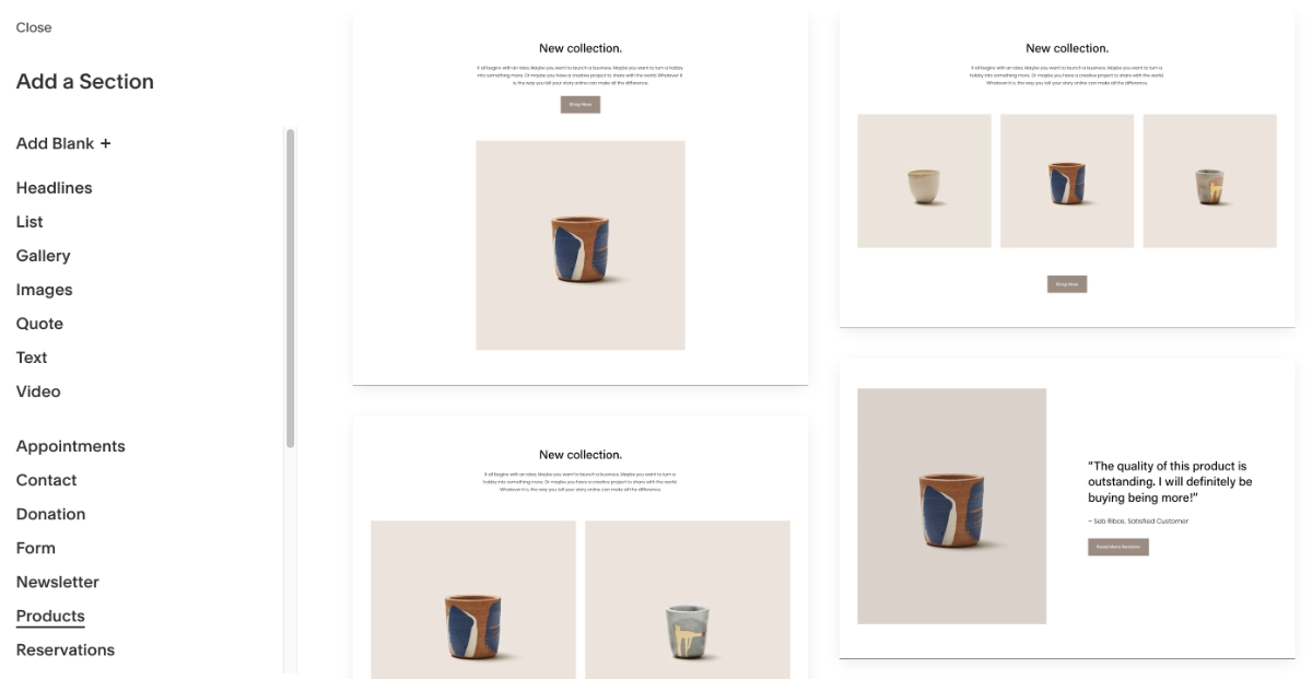 Squarespace add product section Squarespace products
