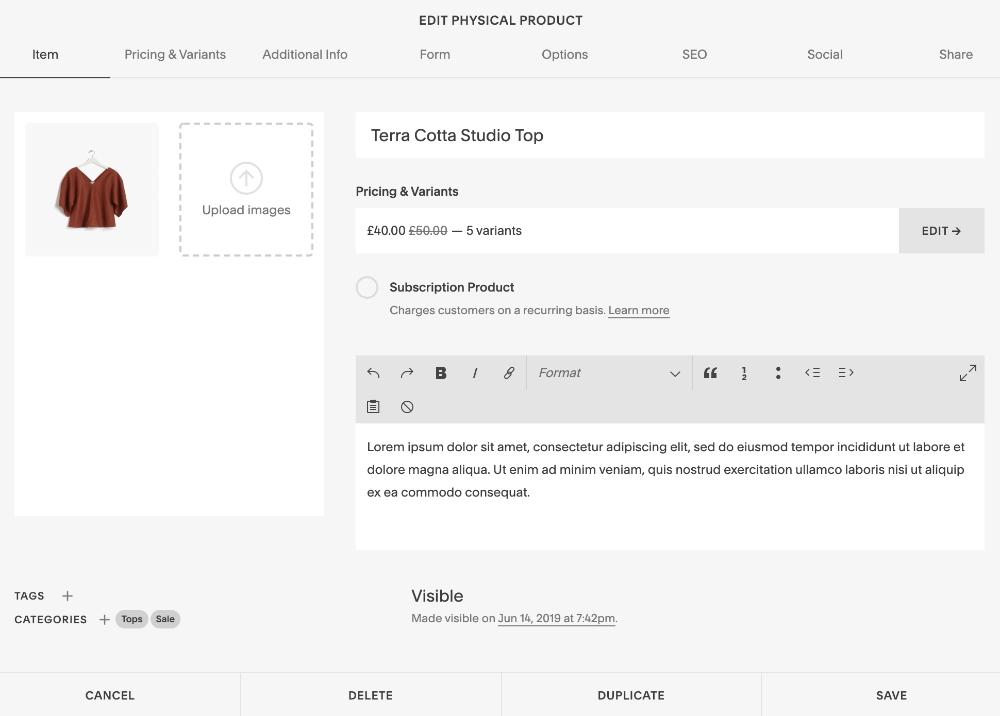 Squarespace commerce product Squarespace edit product
