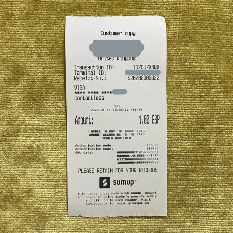 SumUp 3G Printer receipt example SumUp 3G Printer receipt example