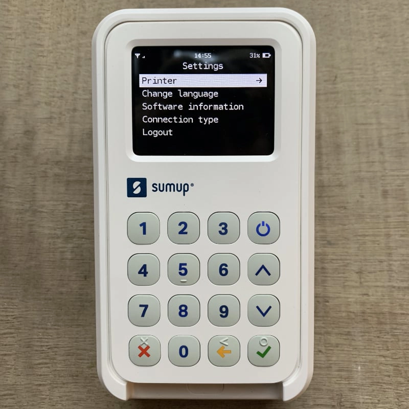 SumUp 3G + Printer settings menu