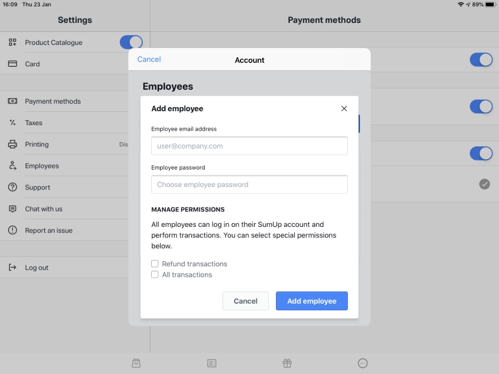 SumUp app – add new user SumUp app add new user