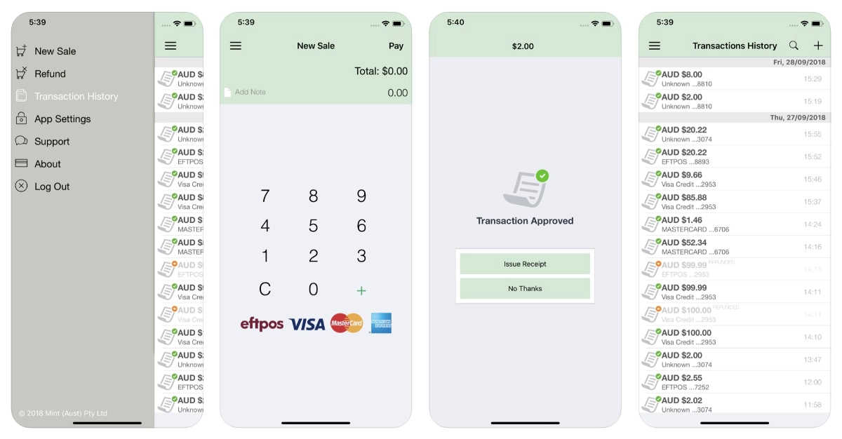 Mint mPOS app screens Mint mPOS app screens