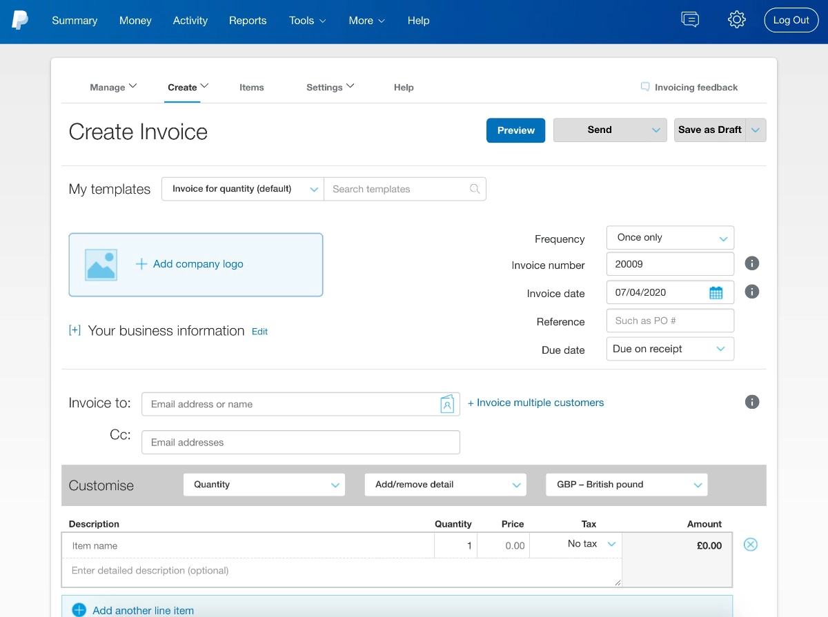 PayPal email invoice draft PayPal invoice template