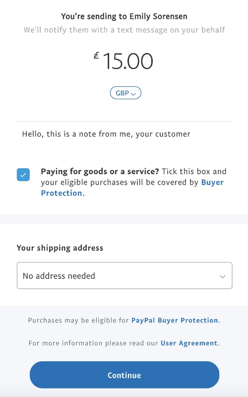 PayPal Me checkout page