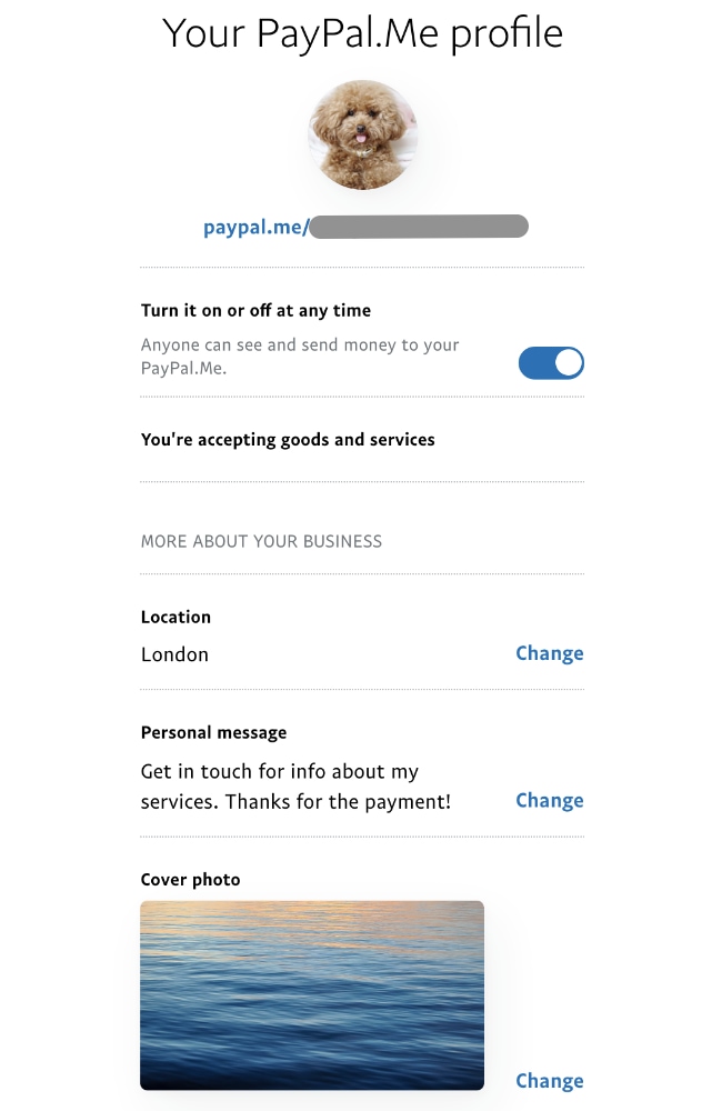 PayPal Me edit profile page PayPal Me profile editor