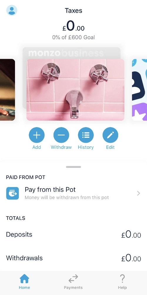 Monzo Business pots in app