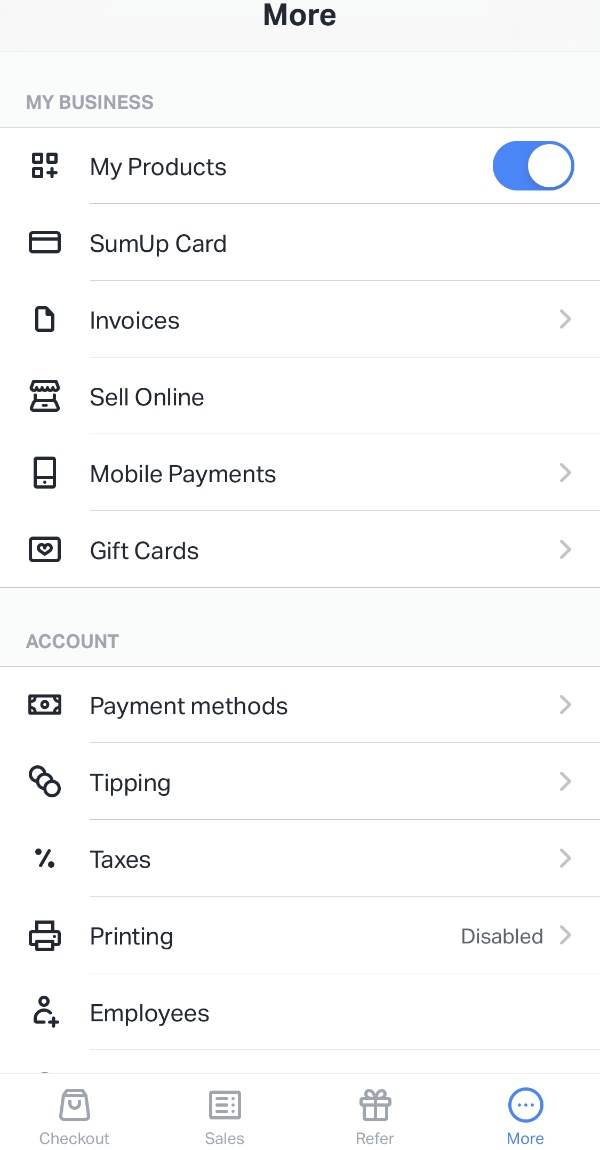 SumUp App More menu
