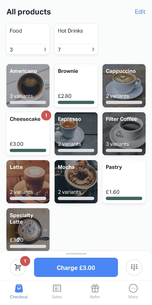 SumUp App product menu SumUp App product menu