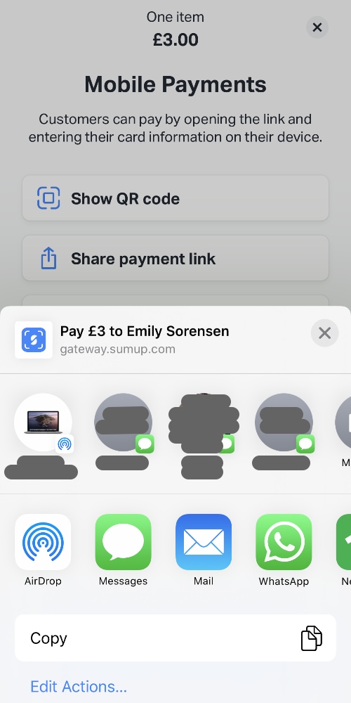 SumUp – ‘Share payment link’ options SumUp pay by link share options