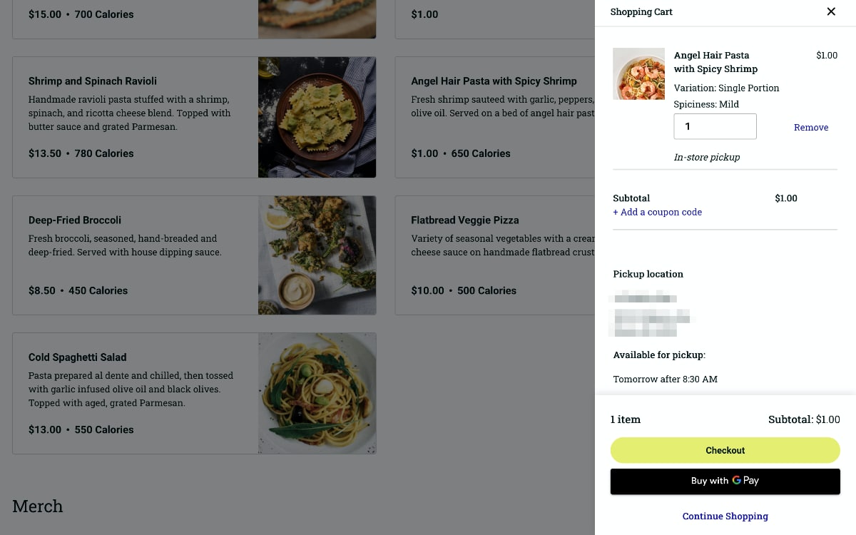 Square Online Store checkout experience with pickup option