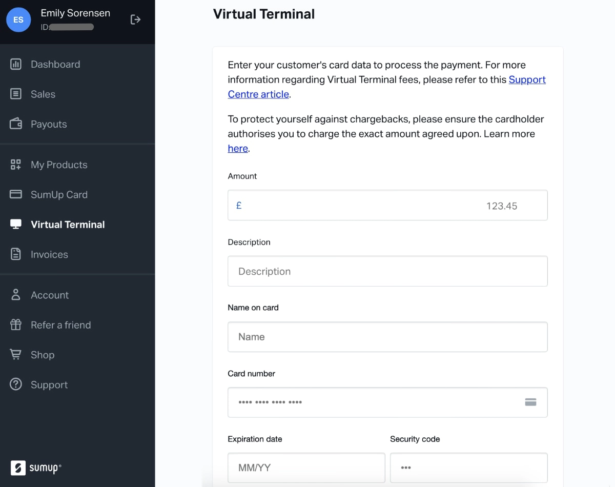 SumUp Virtual Terminal in web browser SumUp Virtual Terminal in web browser