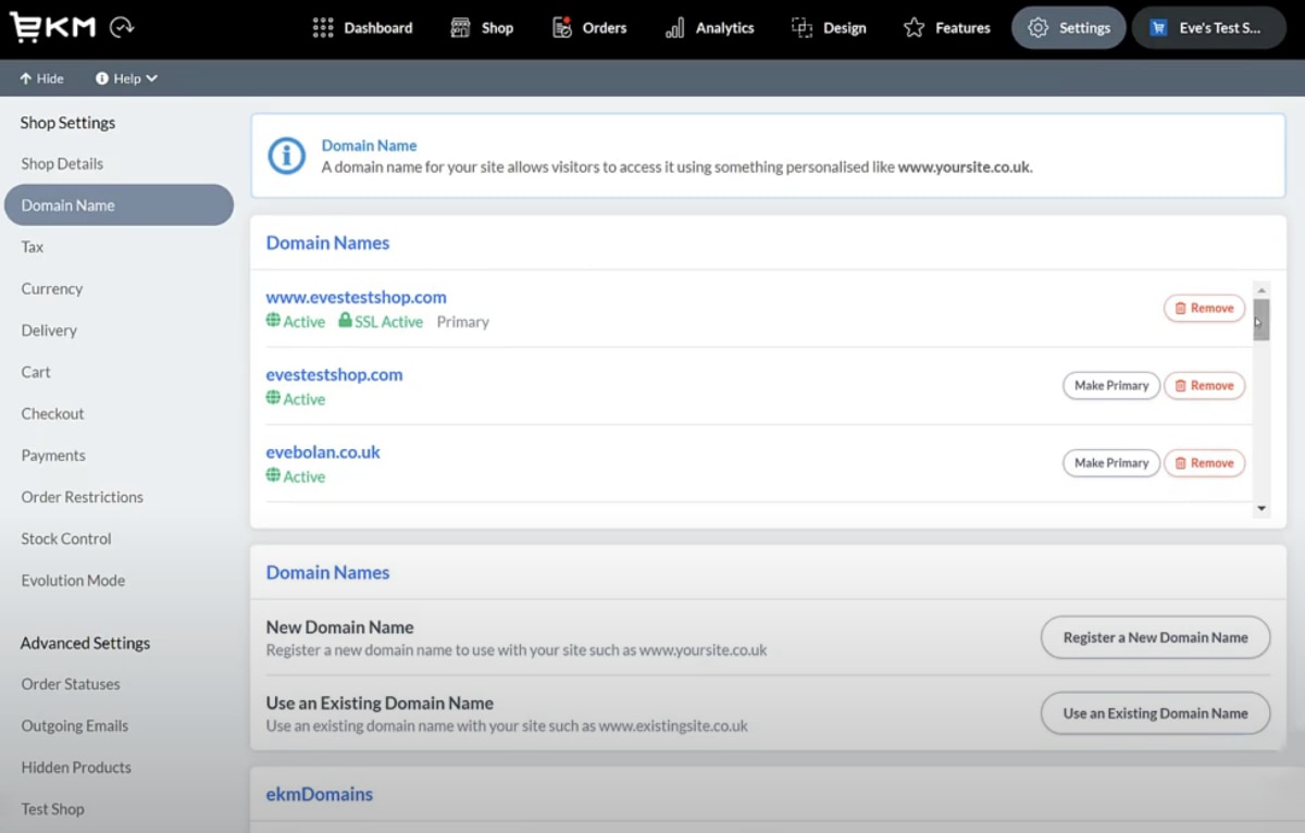 EKM domain settings EKM settings