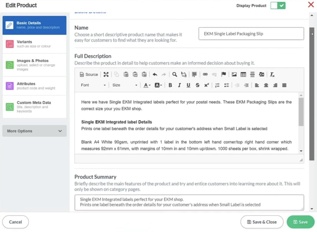 EKM product settings