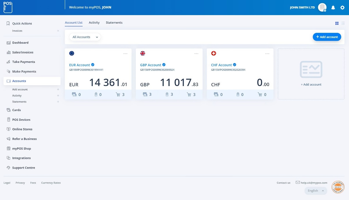 myPOS Dashboard – currency accounts