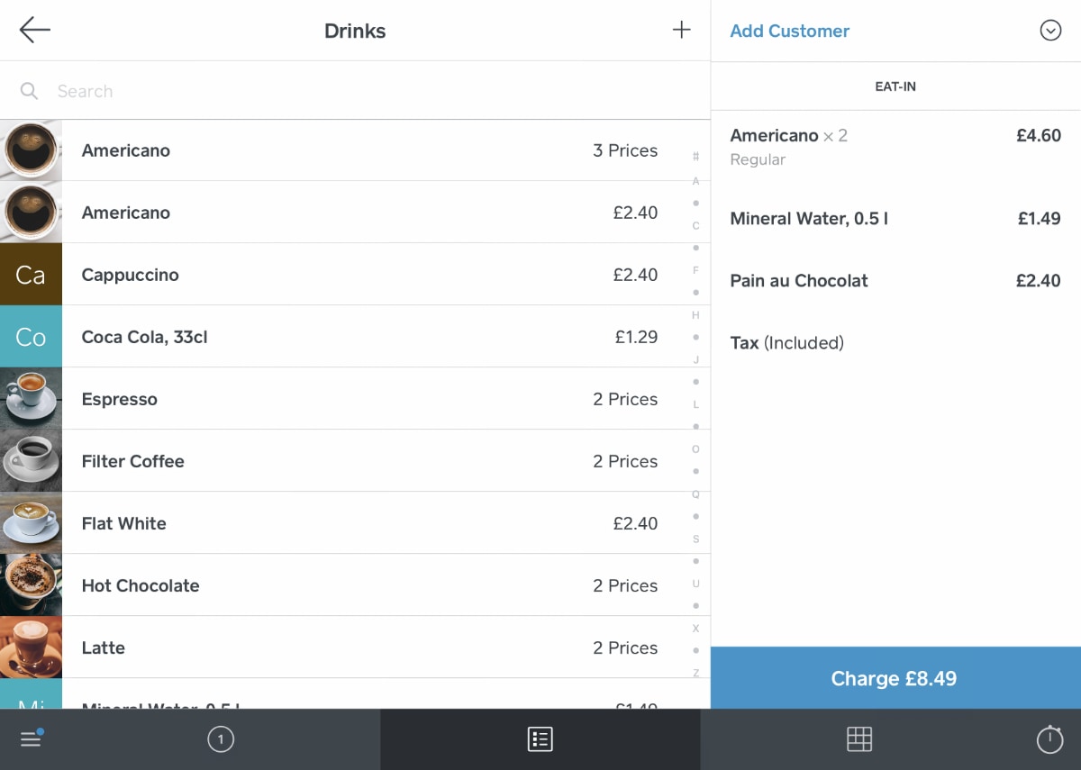 Square POS product list menu