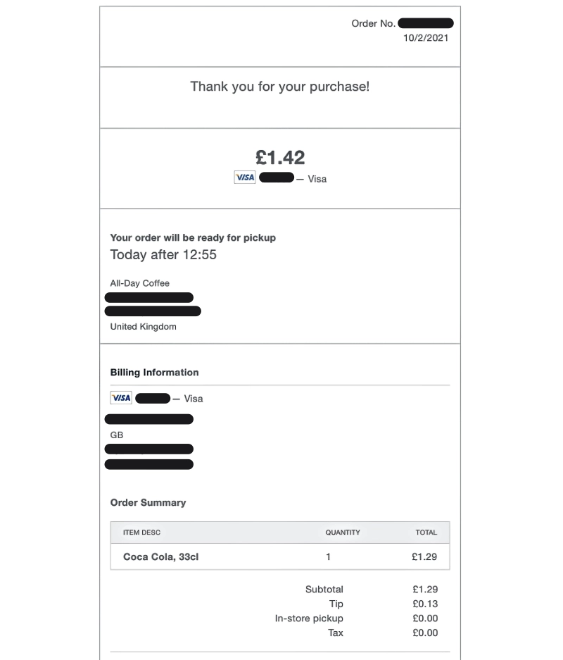 Square Online Checkout pickup receipt Square Online Checkout pickup receipt