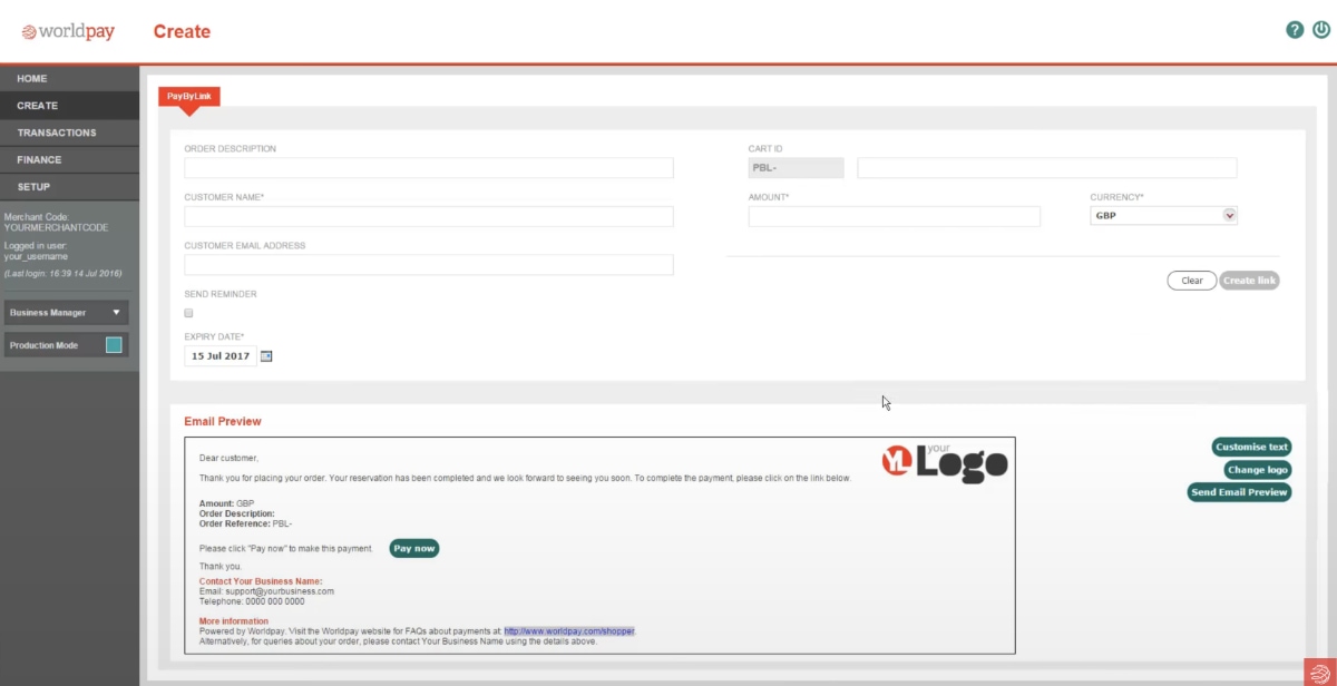 Worldpay Pay by Link creation