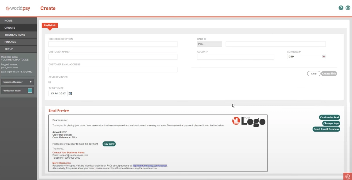 Worldpay Pay by Link creation