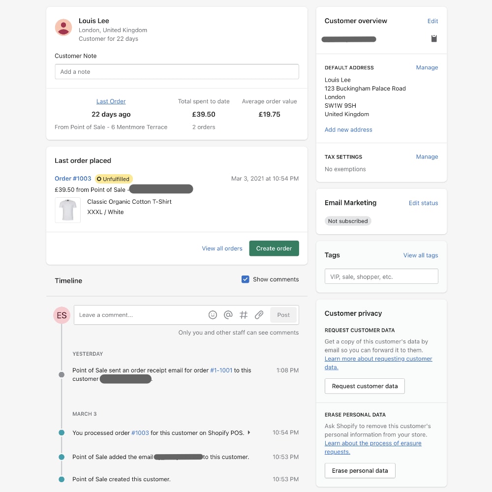 Shopify customer profile