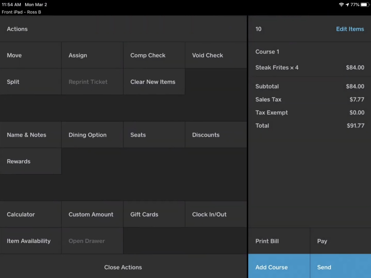 Square Restaurant POS app – actions menu