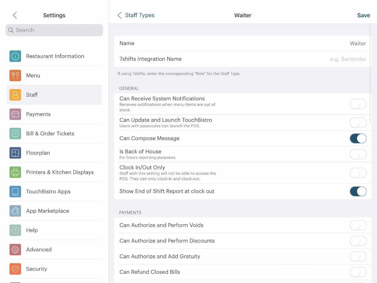 TouchBistro employee permissions