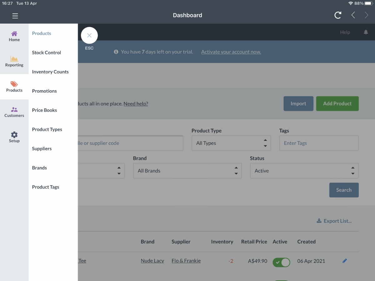 Vend app – Dashboard product settings, Australia Vend POS dashboard settings