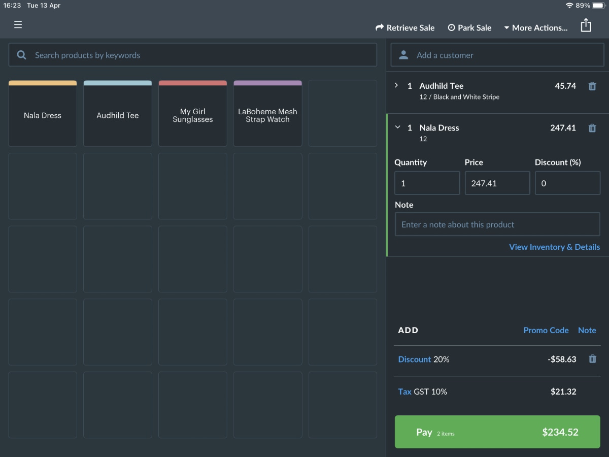 Vend POS app sales menu