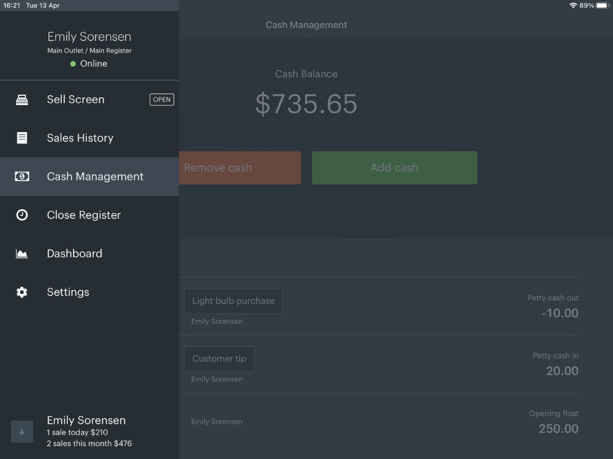 Vend POS app side menu Australia