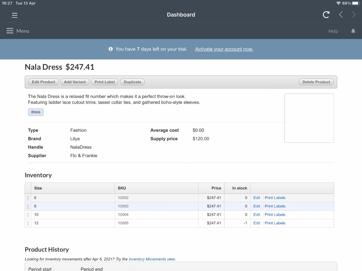 Vend product settings in app